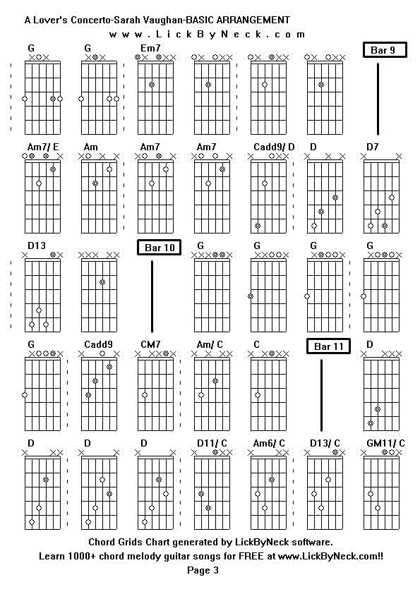 Chord Grids Chart of chord melody fingerstyle guitar song-A Lover's Concerto-Sarah Vaughan-BASIC ARRANGEMENT,generated by LickByNeck software.